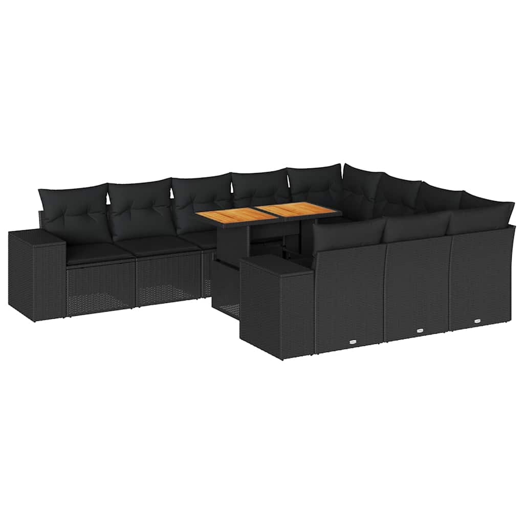 10 részes fekete polyrattan akácfa kerti ülőgarnitúra párnákkal