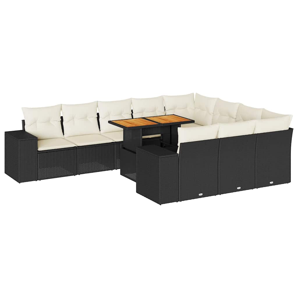 10 részes fekete polyrattan akácfa kerti ülőgarnitúra párnákkal