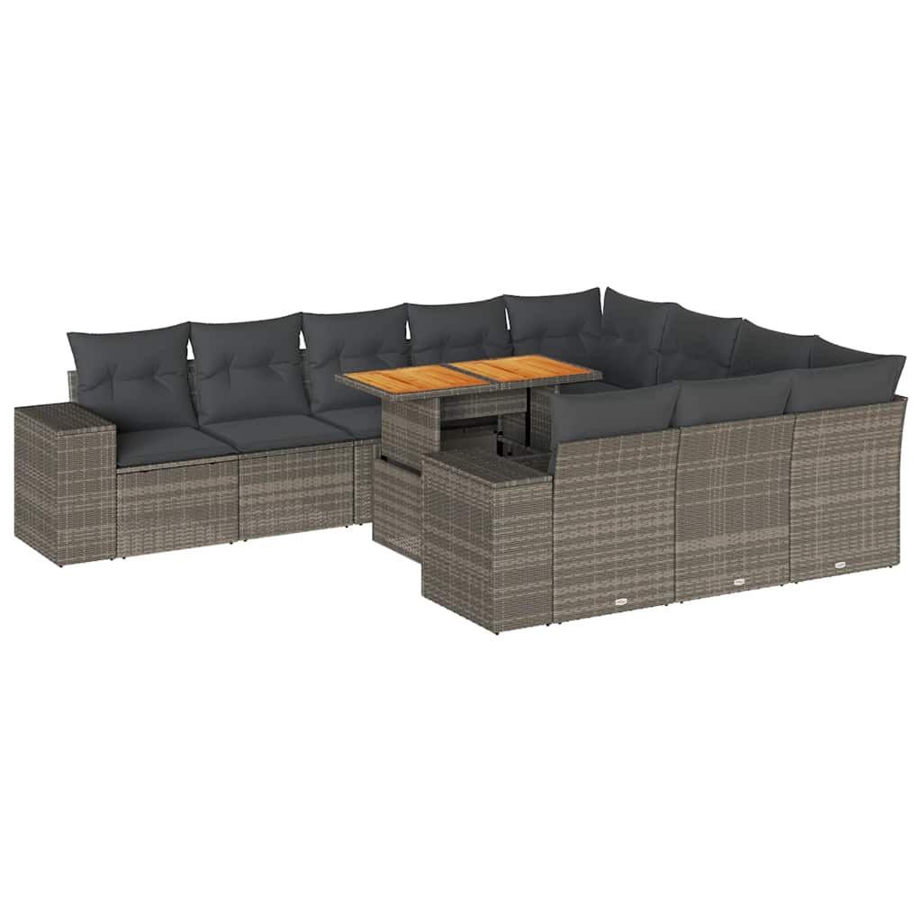 10 részes szürke polyrattan akácfa kerti ülőgarnitúra párnákkal