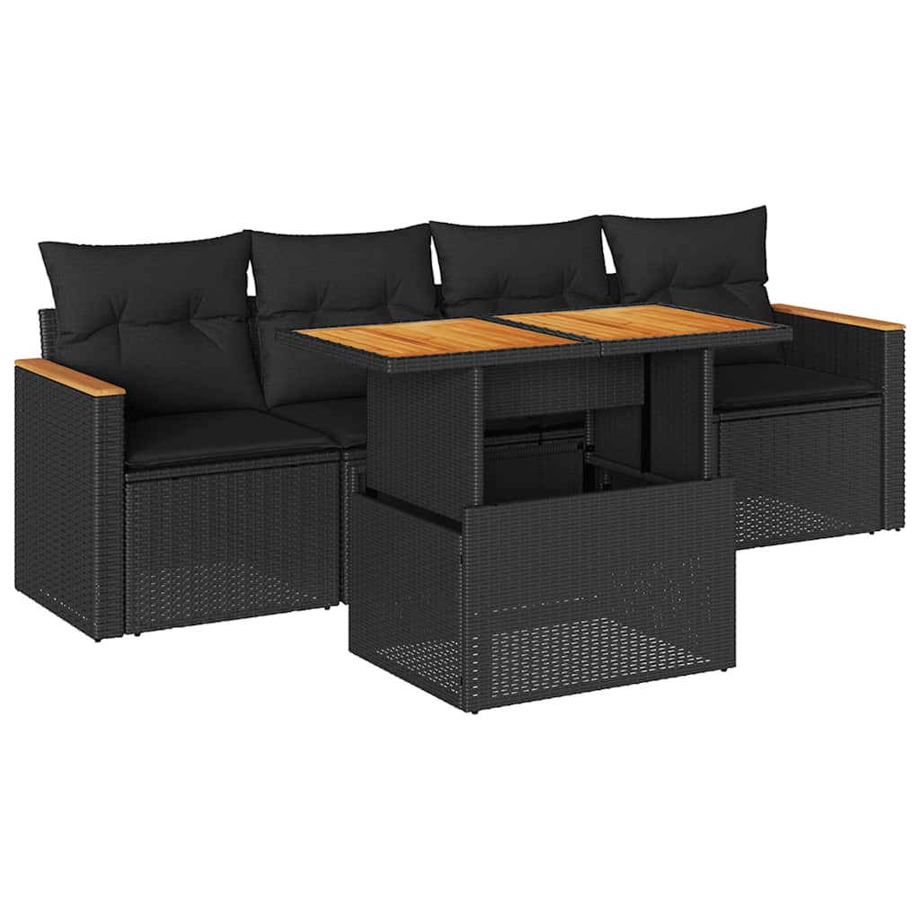 5 részes fekete polyrattan akácfa kerti kanapészett párnákkal