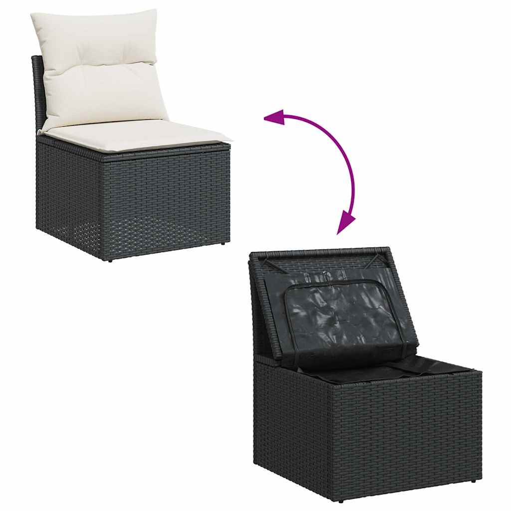 5 részes fekete polyrattan akácfa kerti kanapészett párnákkal