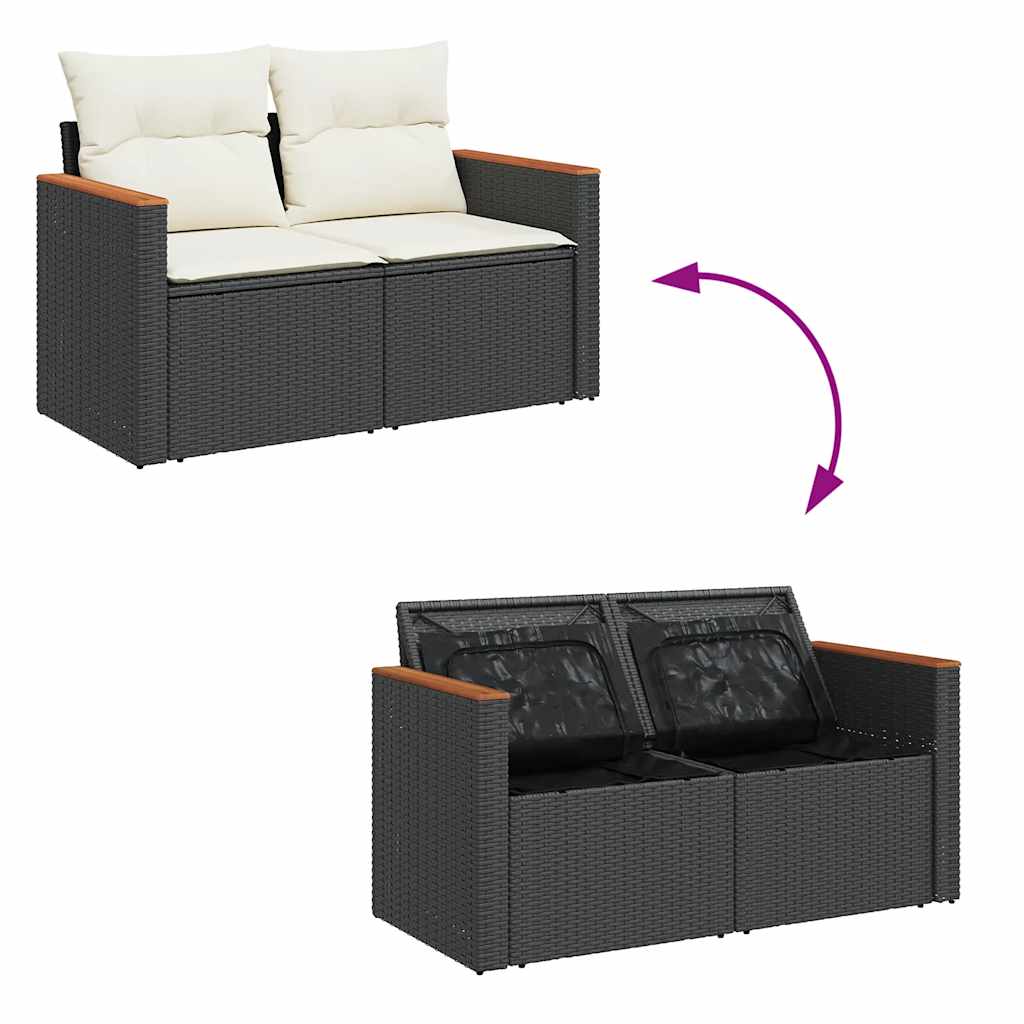 5 részes fekete polyrattan akácfa kerti kanapészett párnákkal