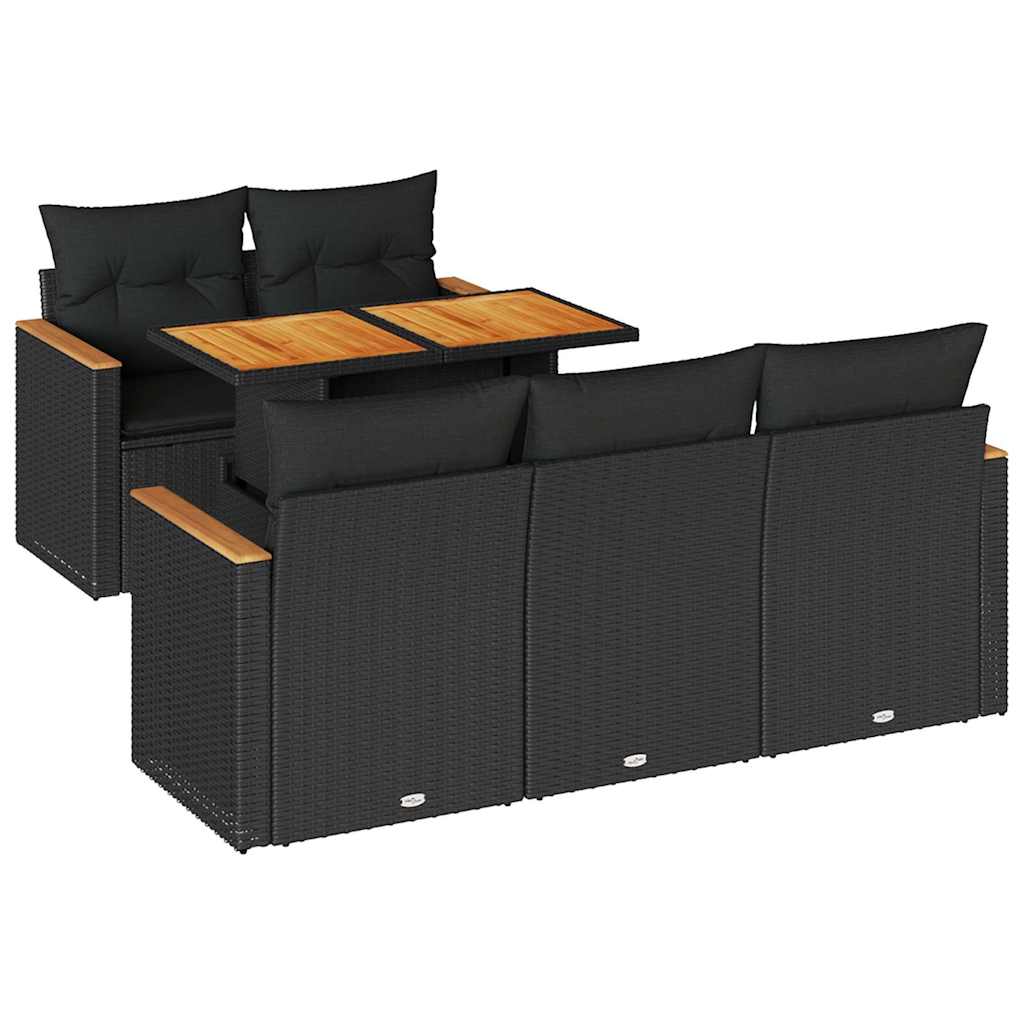6 részes fekete polyrattan akácfa kerti ülőgarnitúra párnákkal