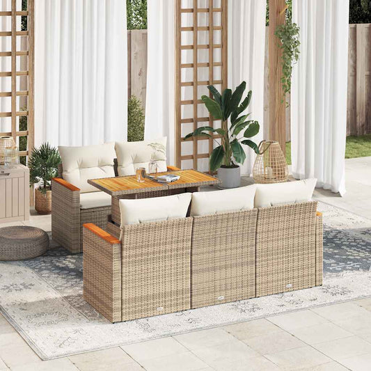 6 részes bézs polyrattan akácfa kerti ülőgarnitúra párnával