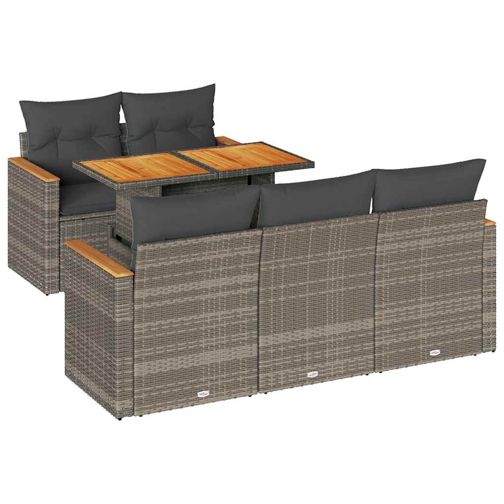 6 részes szürke polyrattan akácfa kerti ülőgarnitúra párnákkal