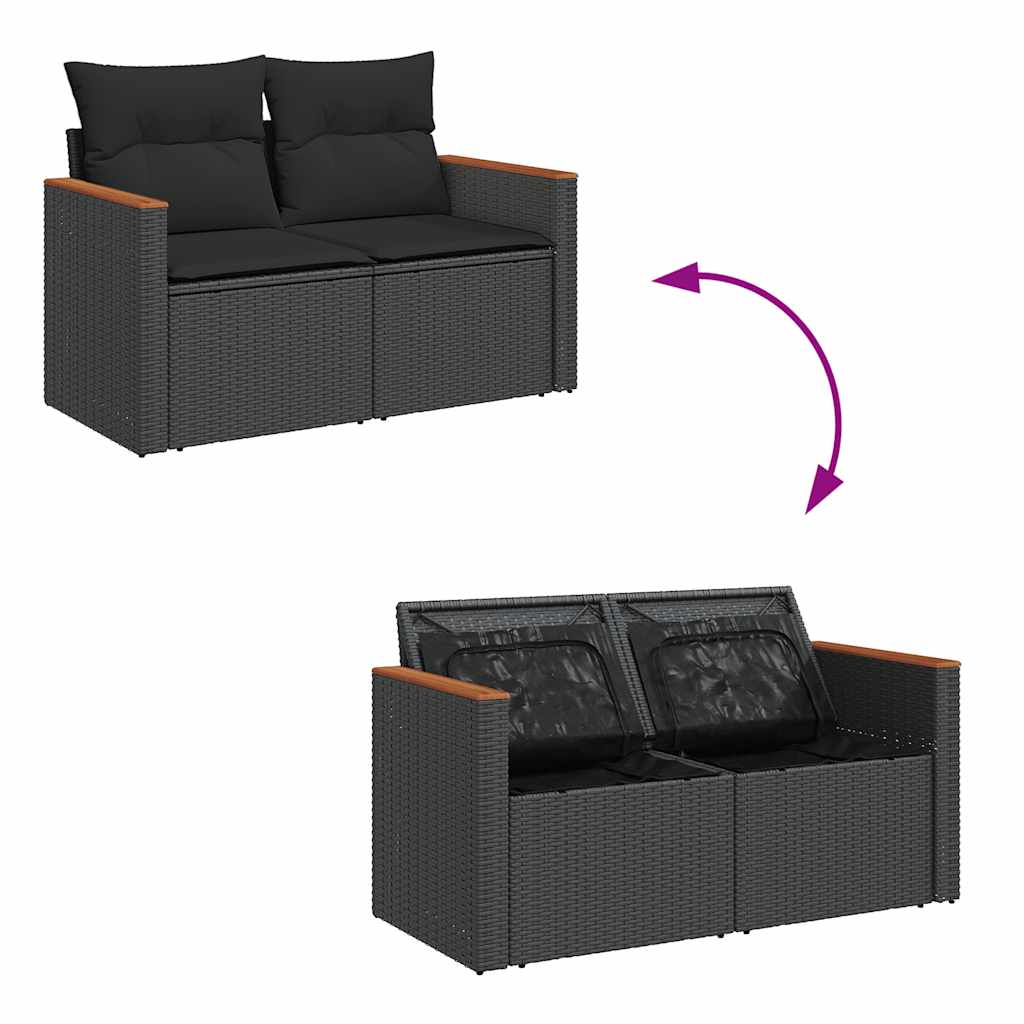 7 részes fekete polyrattan akácfa kerti ülőgarnitúra párnával