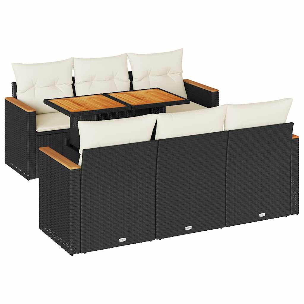 7 részes fekete polyrattan akácfa kerti ülőgarnitúra párnával