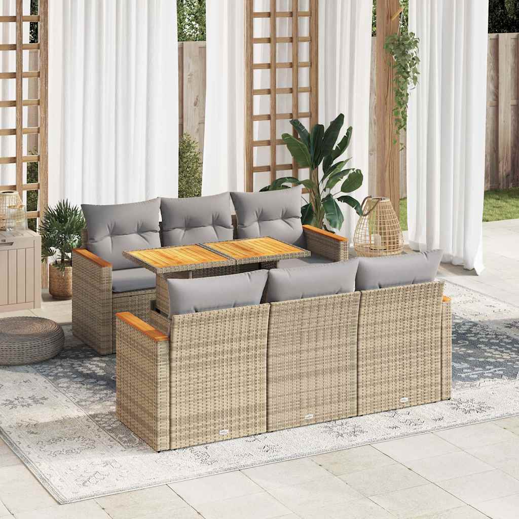7 részes bézs polyrattan akácfa kerti ülőgarnitúra párnákkal