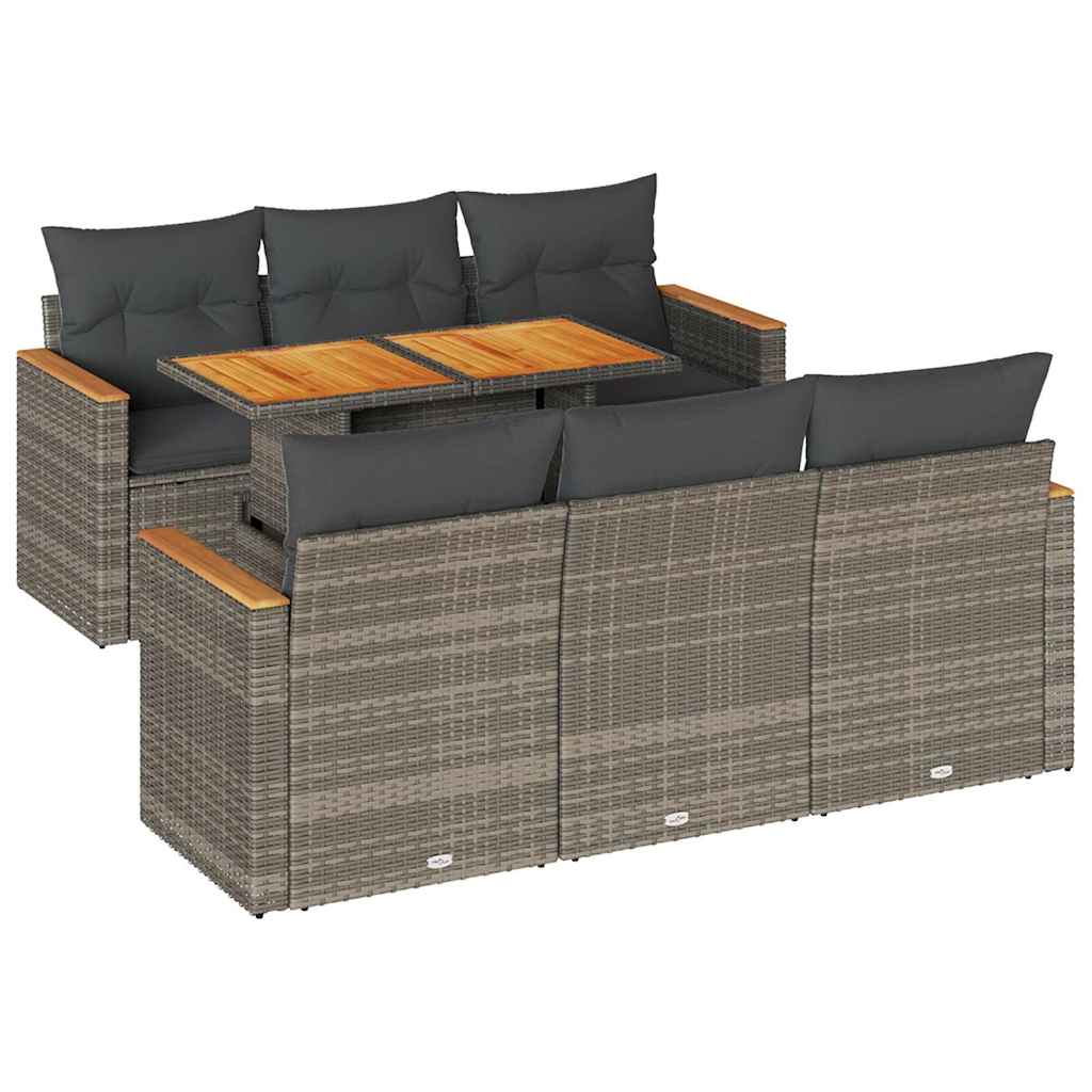 7 részes szürke polyrattan akácfa kerti ülőgarnitúra párnákkal