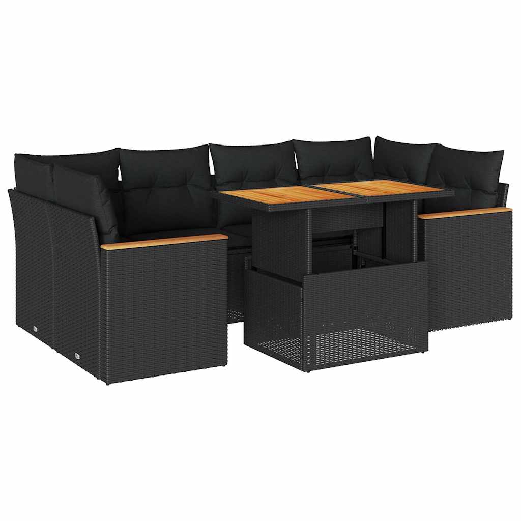 6 részes fekete polyrattan akácfa kerti ülőgarnitúra párnákkal