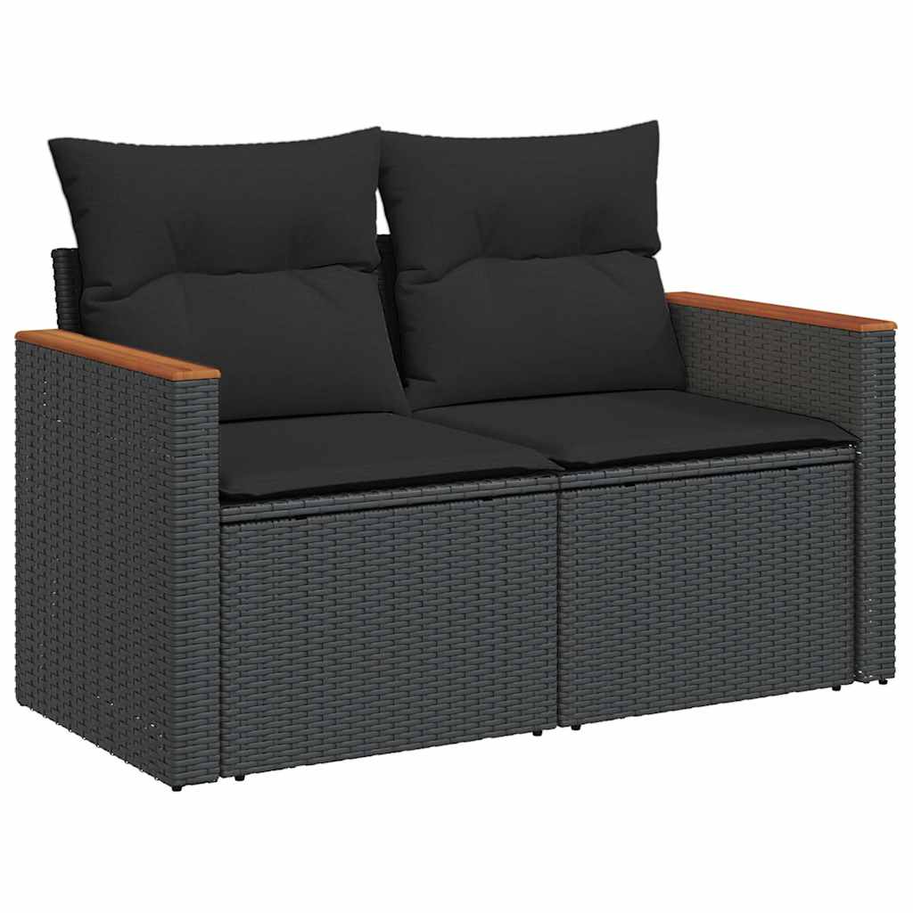 6 részes fekete polyrattan akácfa kerti ülőgarnitúra párnákkal
