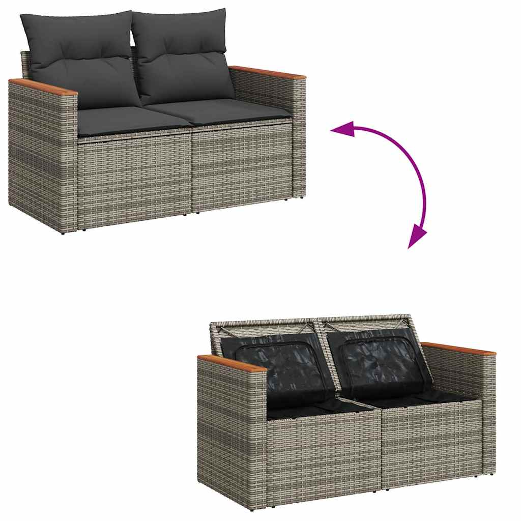 6 részes szürke polyrattan akácfa kerti ülőgarnitúra párnákkal