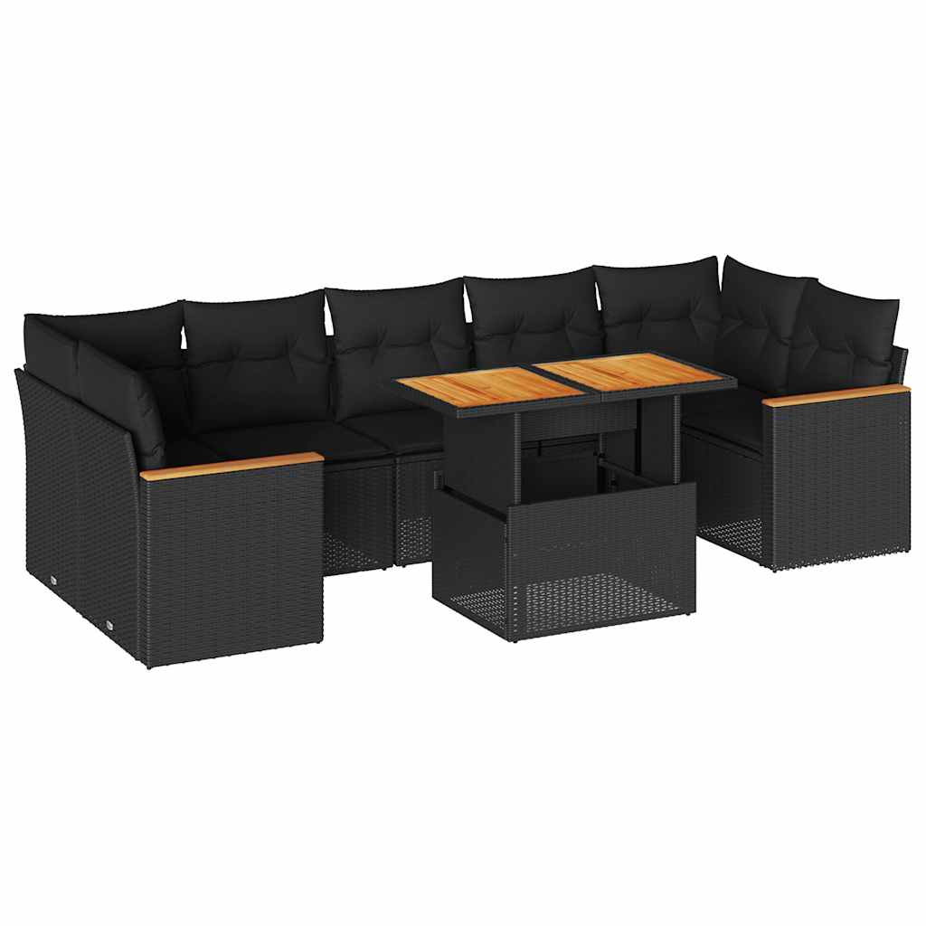 8 részes fekete polyrattan akácfa kerti ülőgarnitúra párnákkal