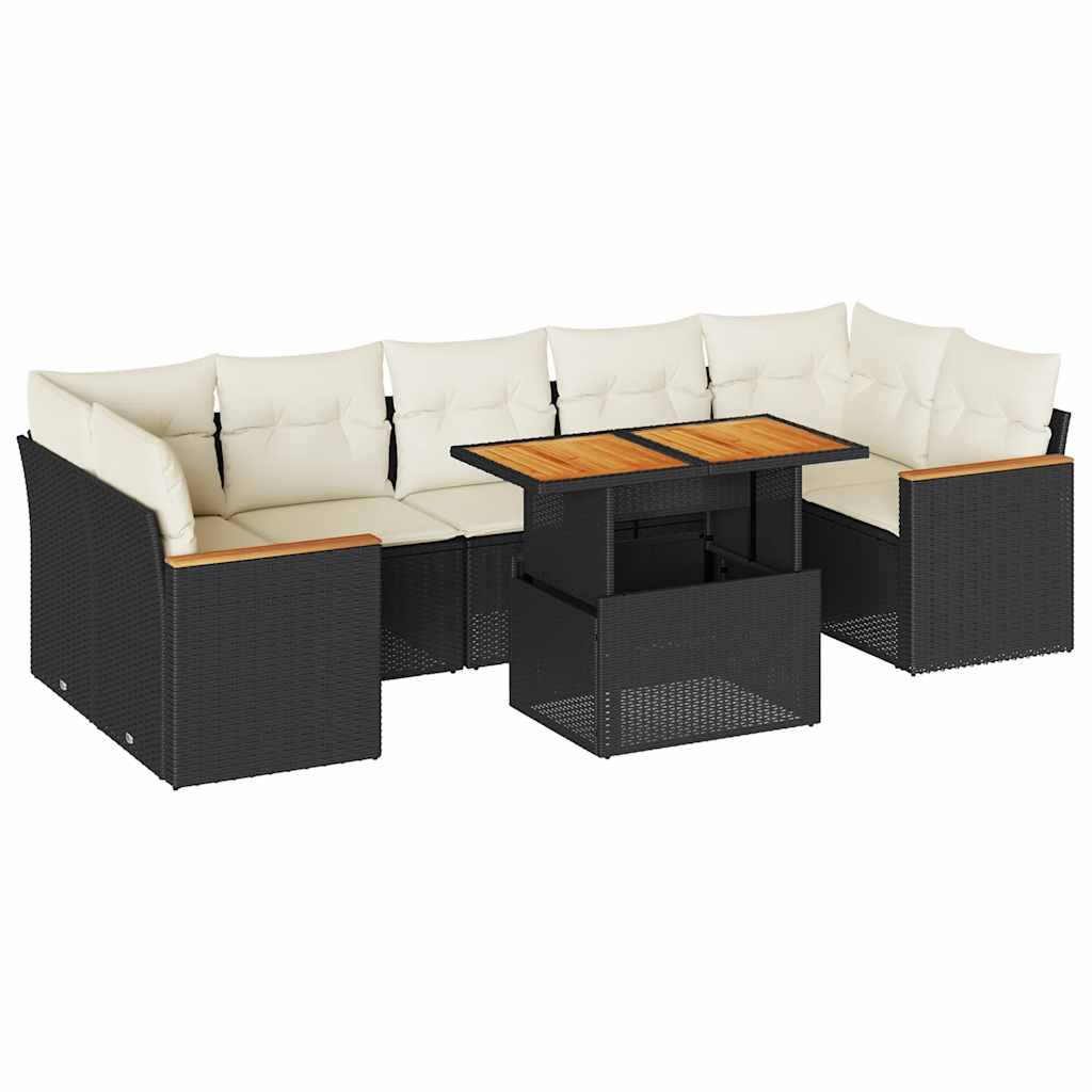 8 részes fekete polyrattan akácfa kerti ülőgarnitúra párnákkal