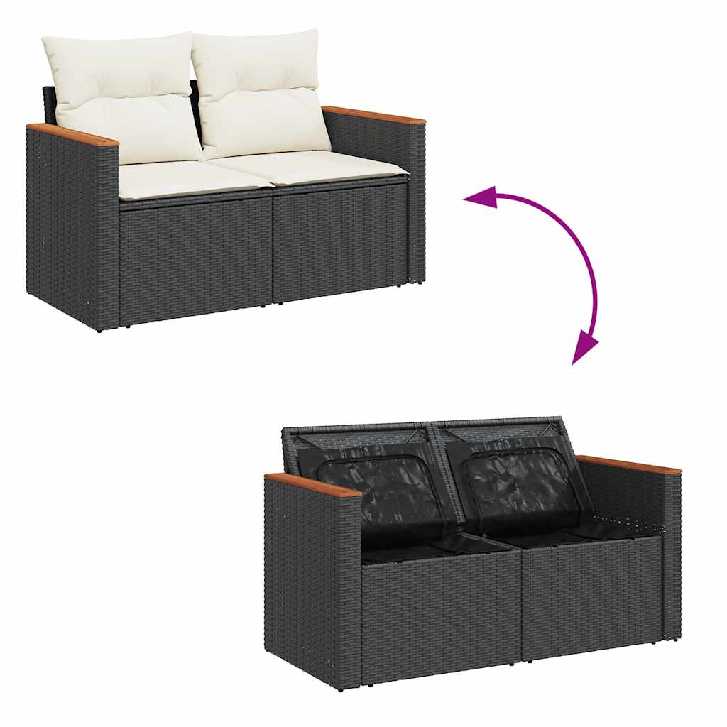 8 részes fekete polyrattan akácfa kerti ülőgarnitúra párnákkal