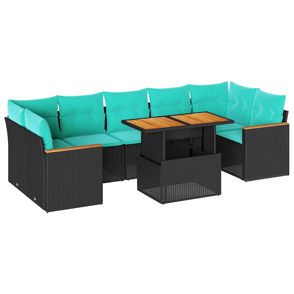 8 részes fekete polyrattan kerti ülőgarnitúra párnákkal