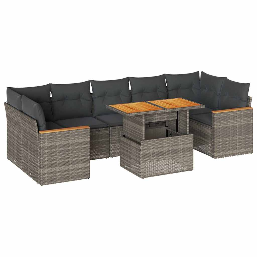 8 részes szürke polyrattan akácfa kerti ülőgarnitúra párnákkal