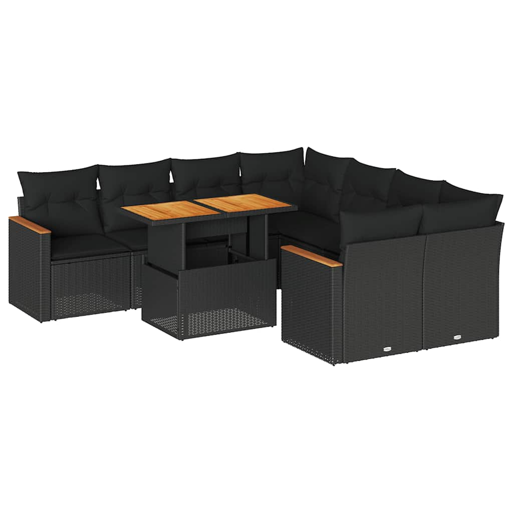 9 részes fekete polyrattan akácfa kerti ülőgarnitúra párnákkal
