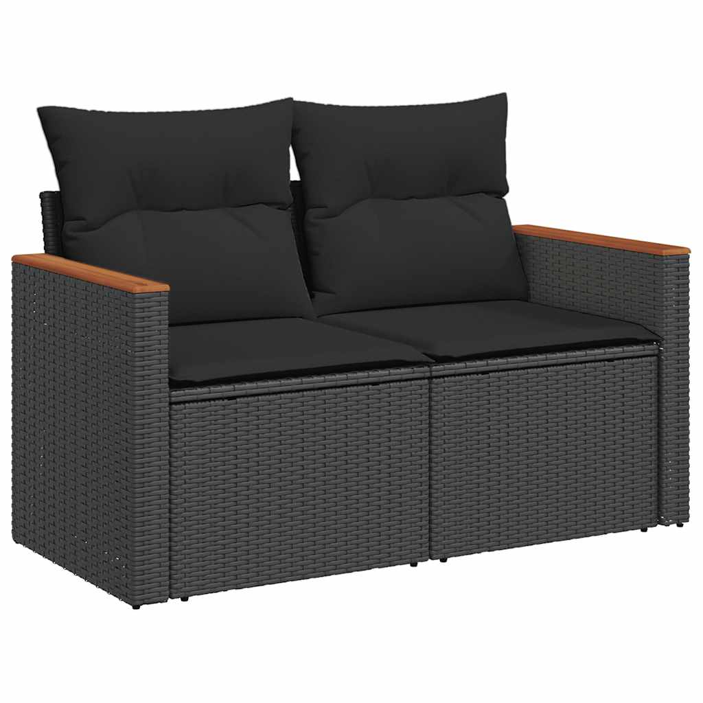 9 részes fekete polyrattan akácfa kerti ülőgarnitúra párnákkal