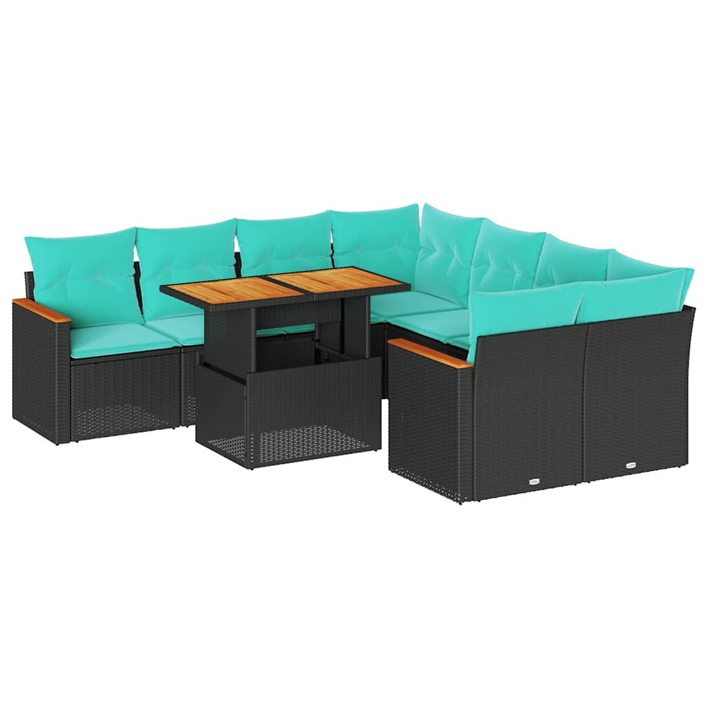 9 részes fekete polyrattan kerti ülőgarnitúra párnákkal