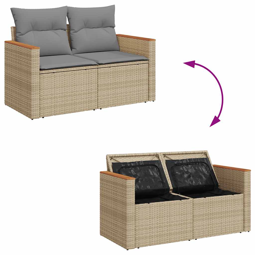 9 részes bézs polyrattan akácfa kerti ülőgarnitúra párnákkal