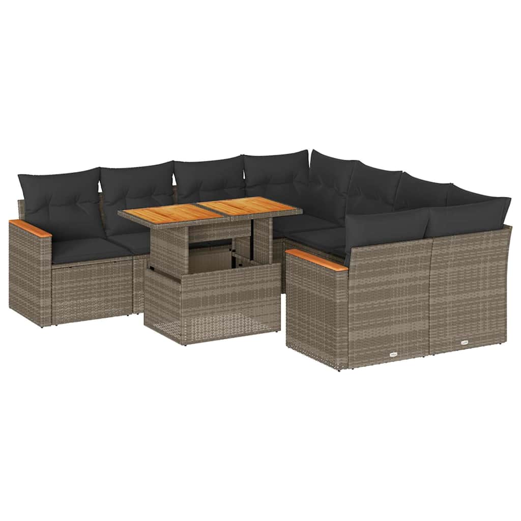 9 részes szürke polyrattan akácfa kerti ülőgarnitúra párnákkal