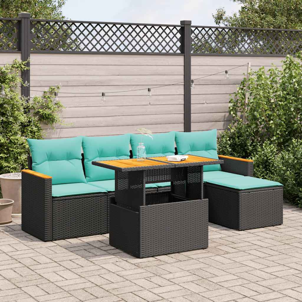 6 részes fekete polyrattan kerti ülőgarnitúra párnákkal