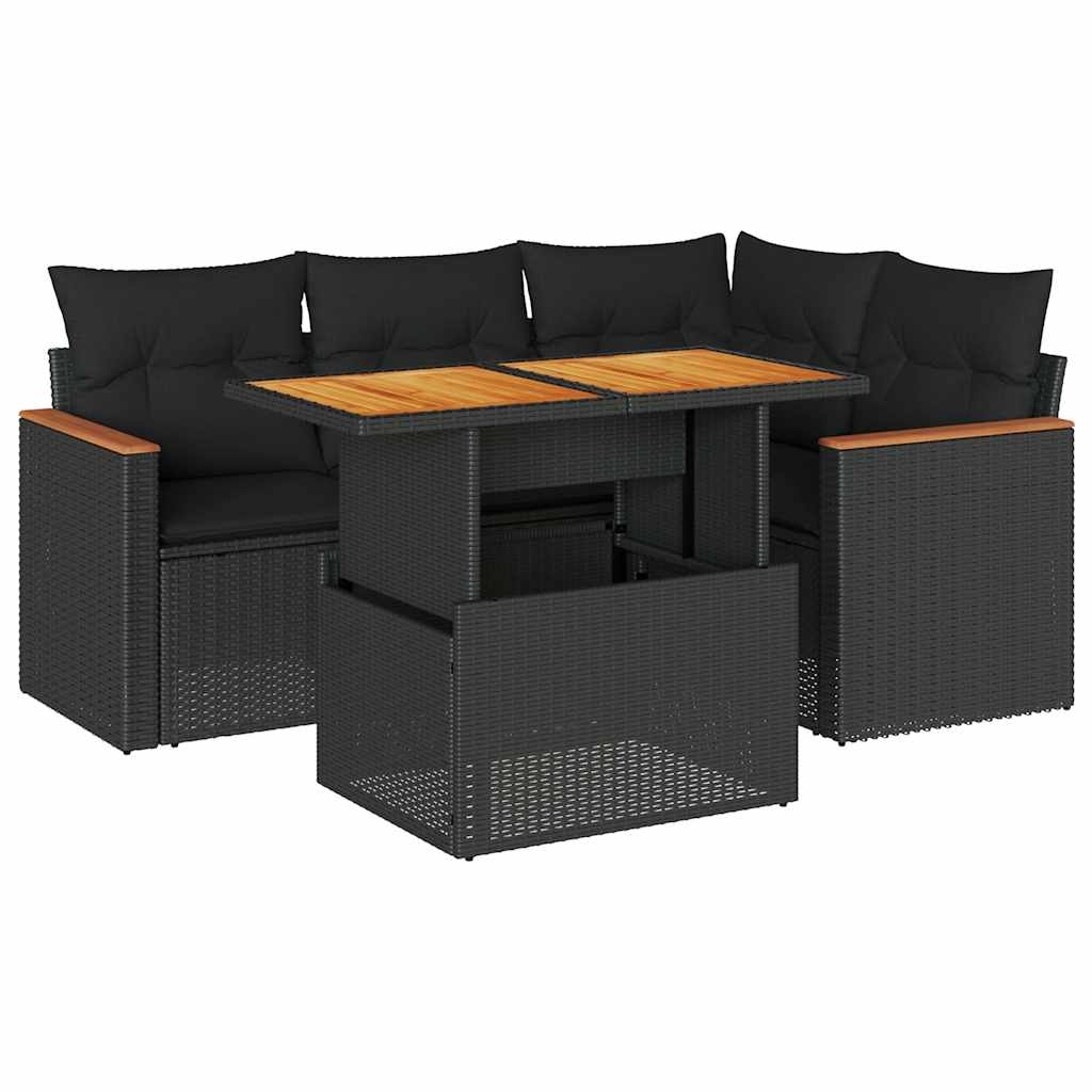 5 részes fekete polyrattan akácfa kerti kanapészett párnákkal
