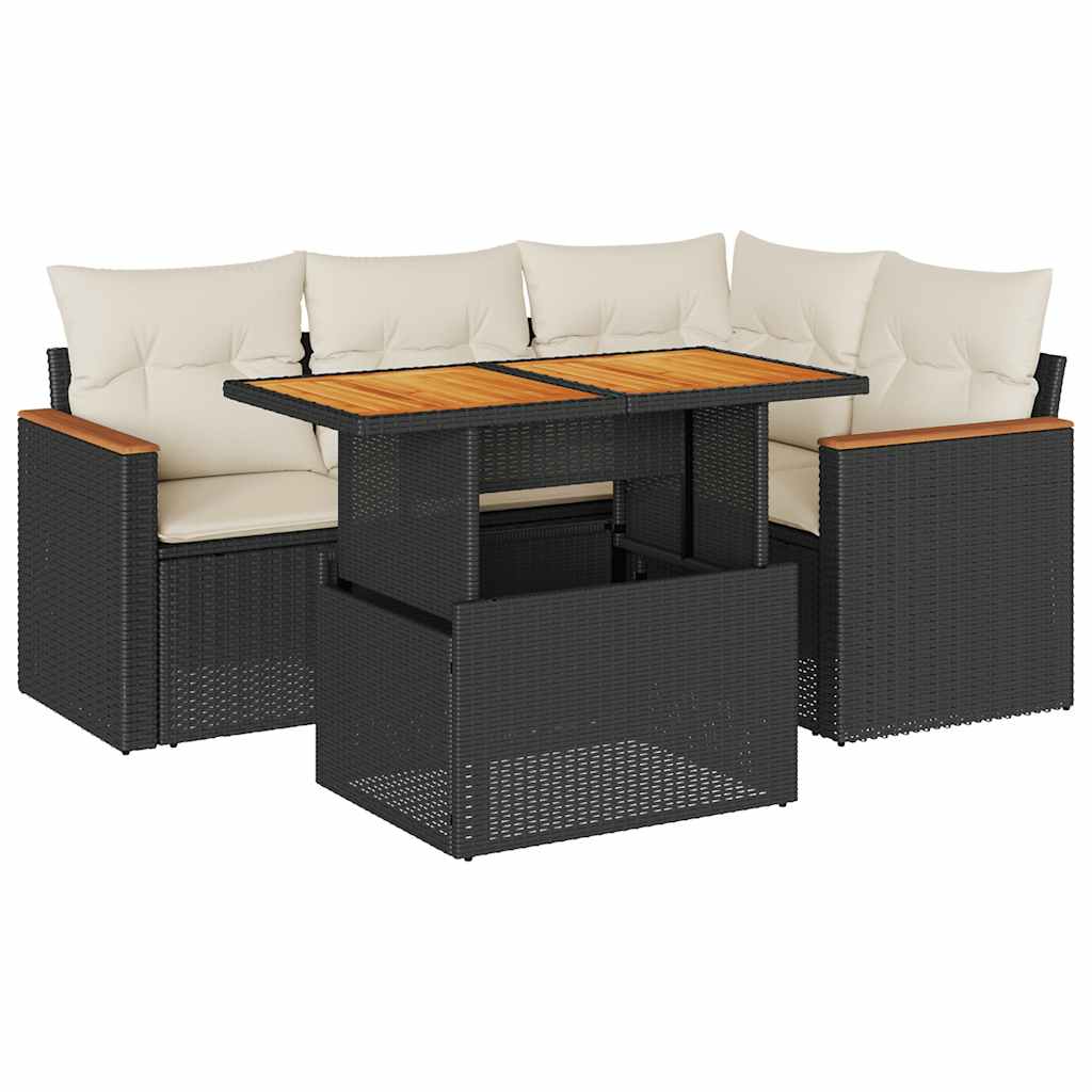 5 részes fekete polyrattan akácfa kerti kanapészett párnákkal