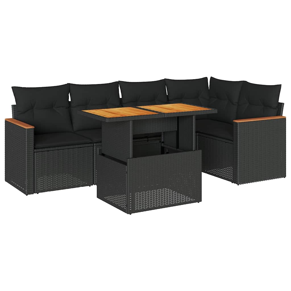 6 részes fekete polyrattan akácfa kerti ülőgarnitúra párnákkal