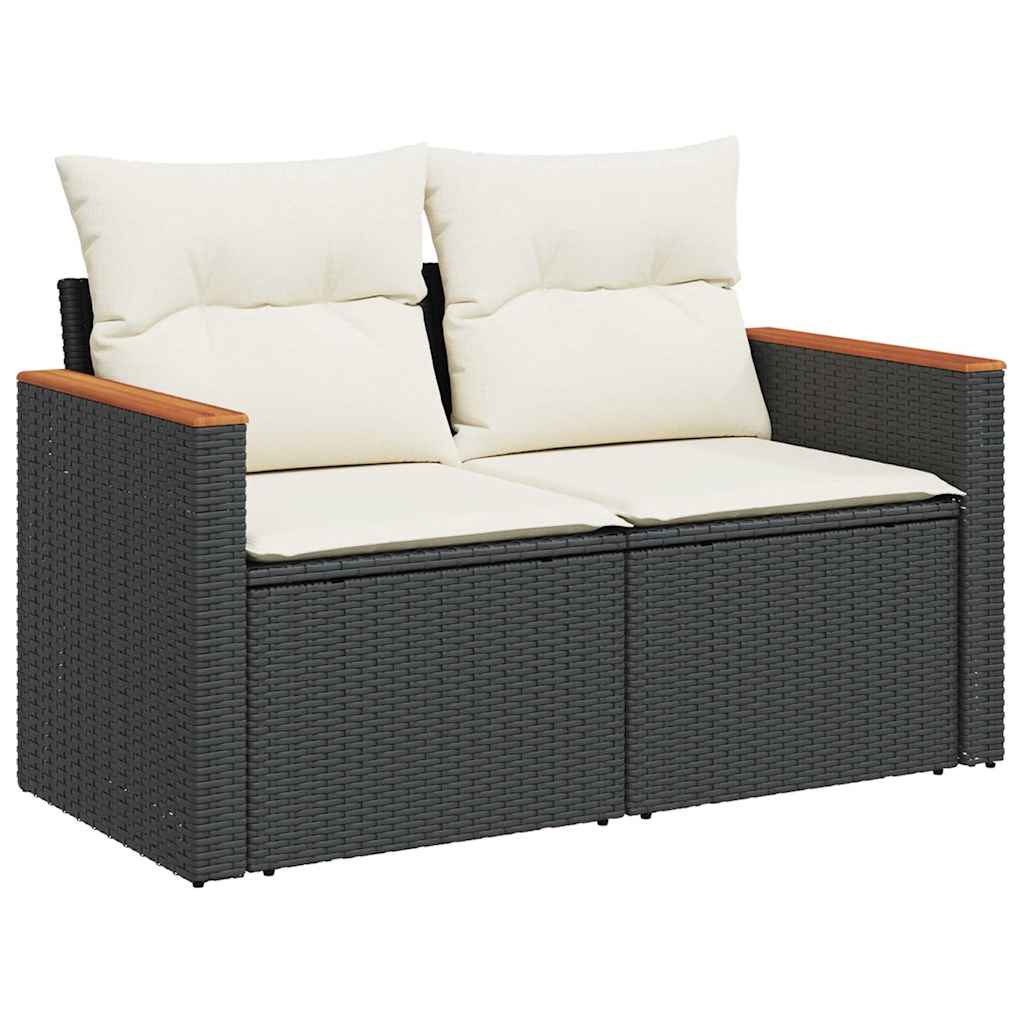 6 részes fekete polyrattan akácfa kerti ülőgarnitúra párnákkal