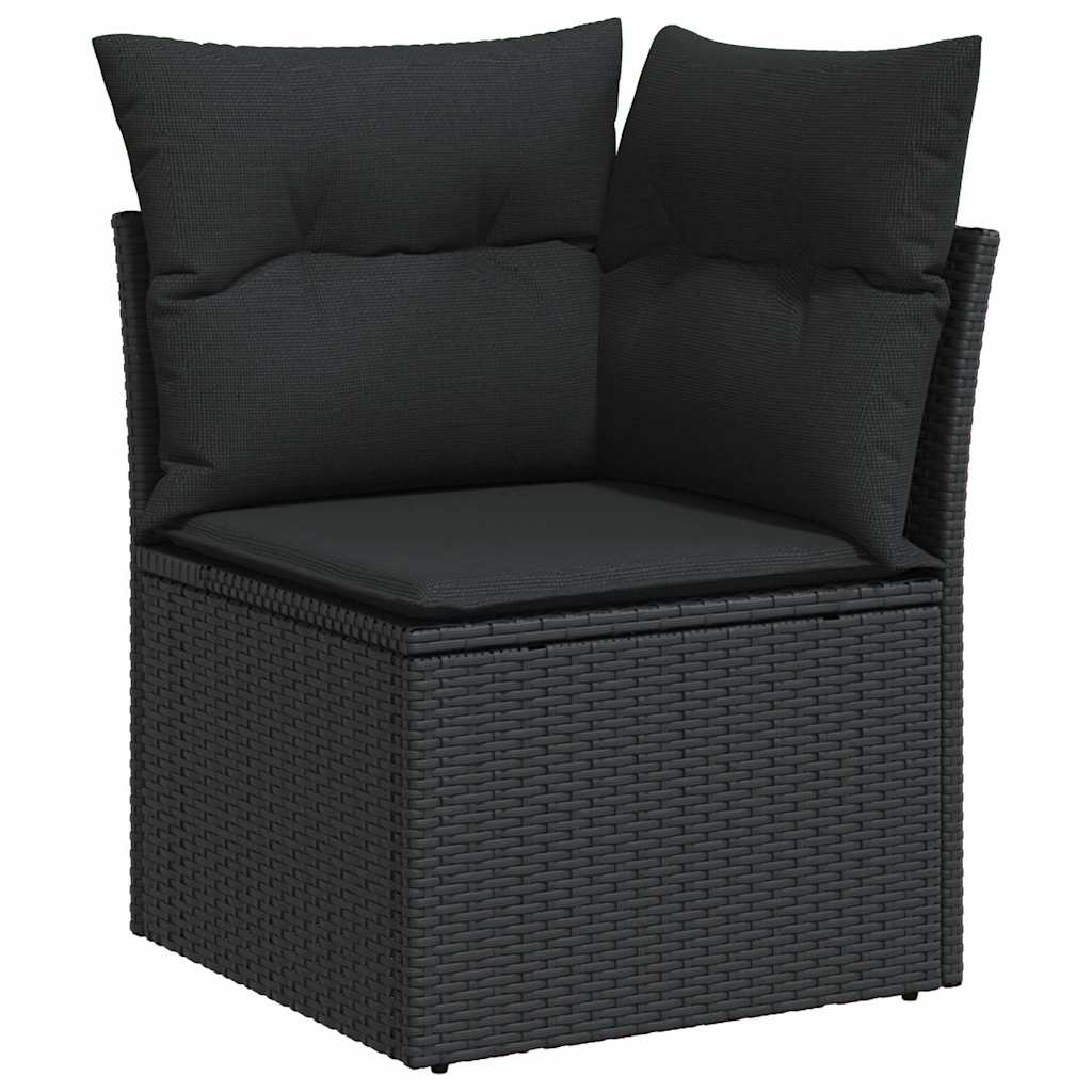 7 részes fekete polyrattan akácfa kerti ülőgarnitúra párnával