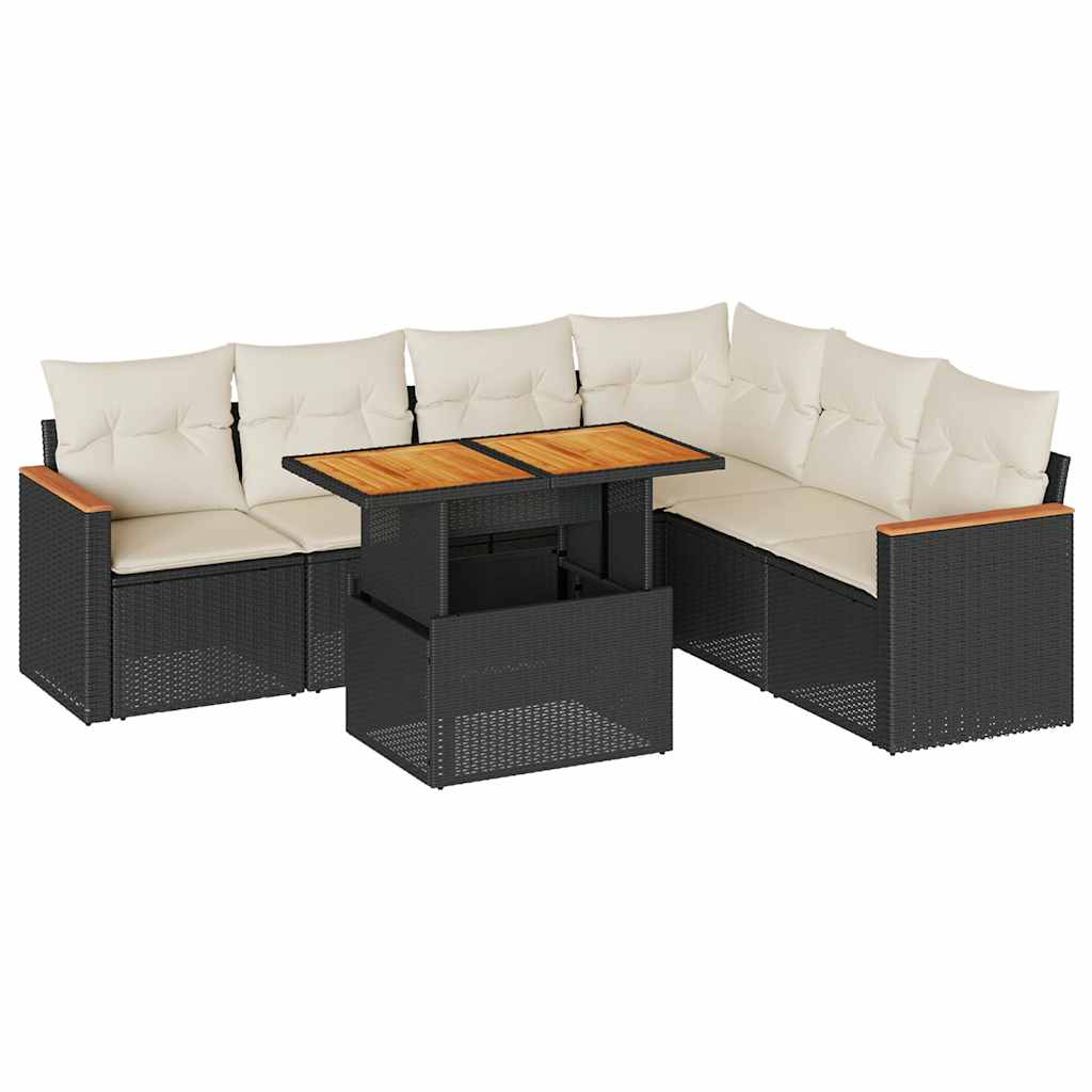 7 részes fekete polyrattan akácfa kerti ülőgarnitúra párnával