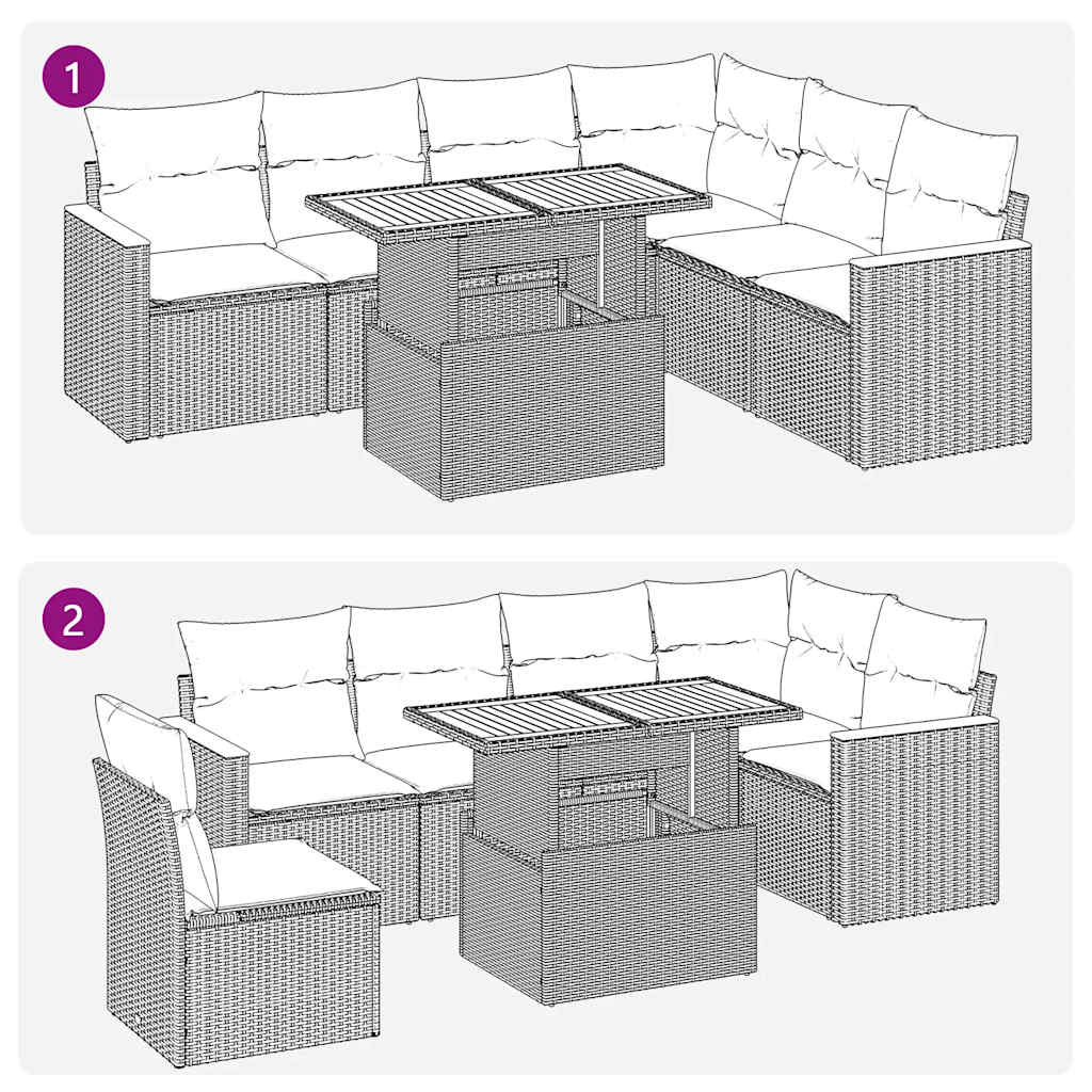 7 részes fekete polyrattan akácfa kerti ülőgarnitúra párnával