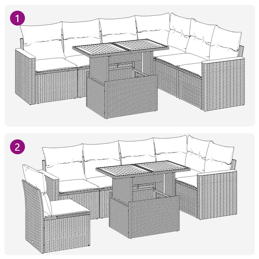 7 részes bézs polyrattan akácfa kerti ülőgarnitúra párnákkal