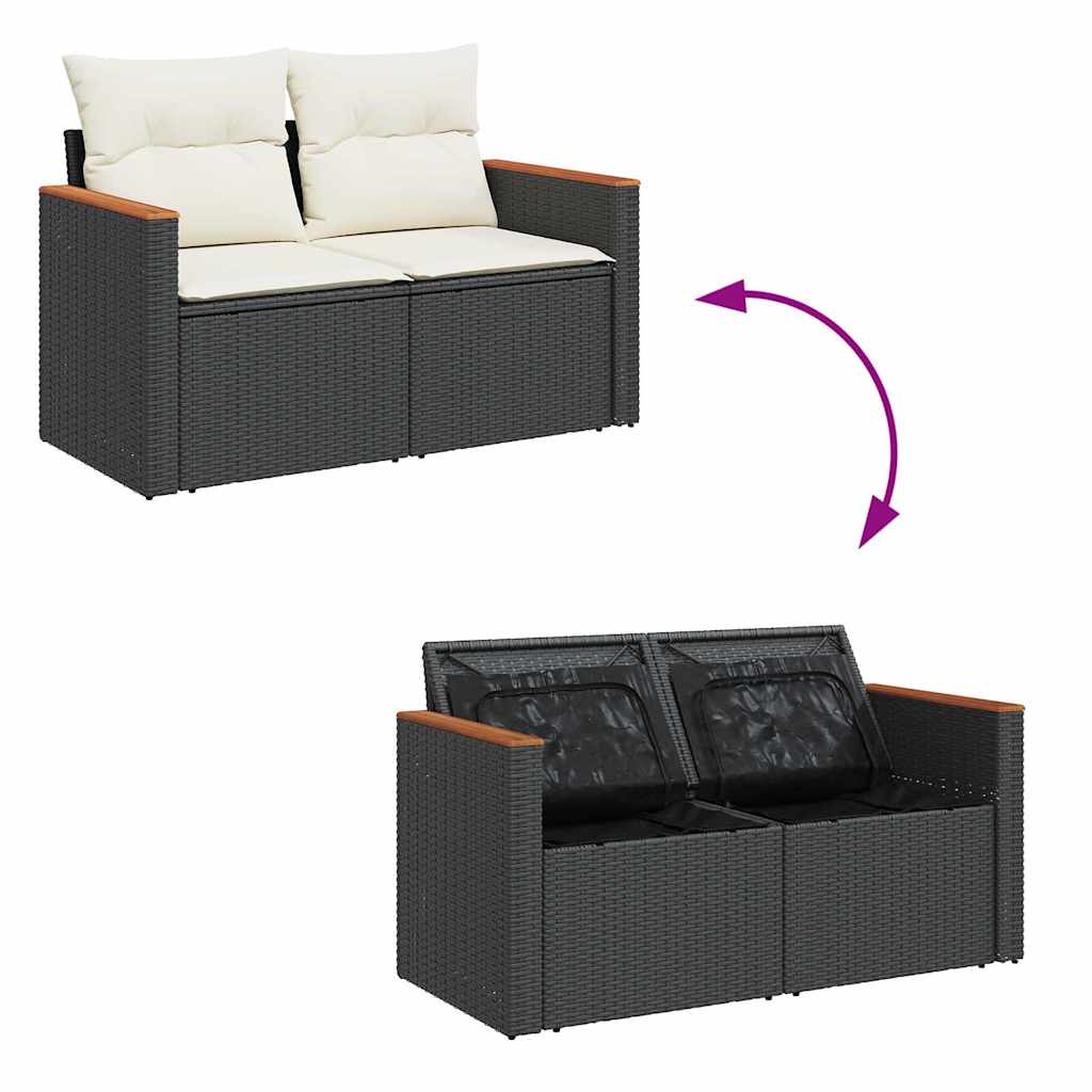 9 részes fekete polyrattan akácfa kerti ülőgarnitúra párnákkal