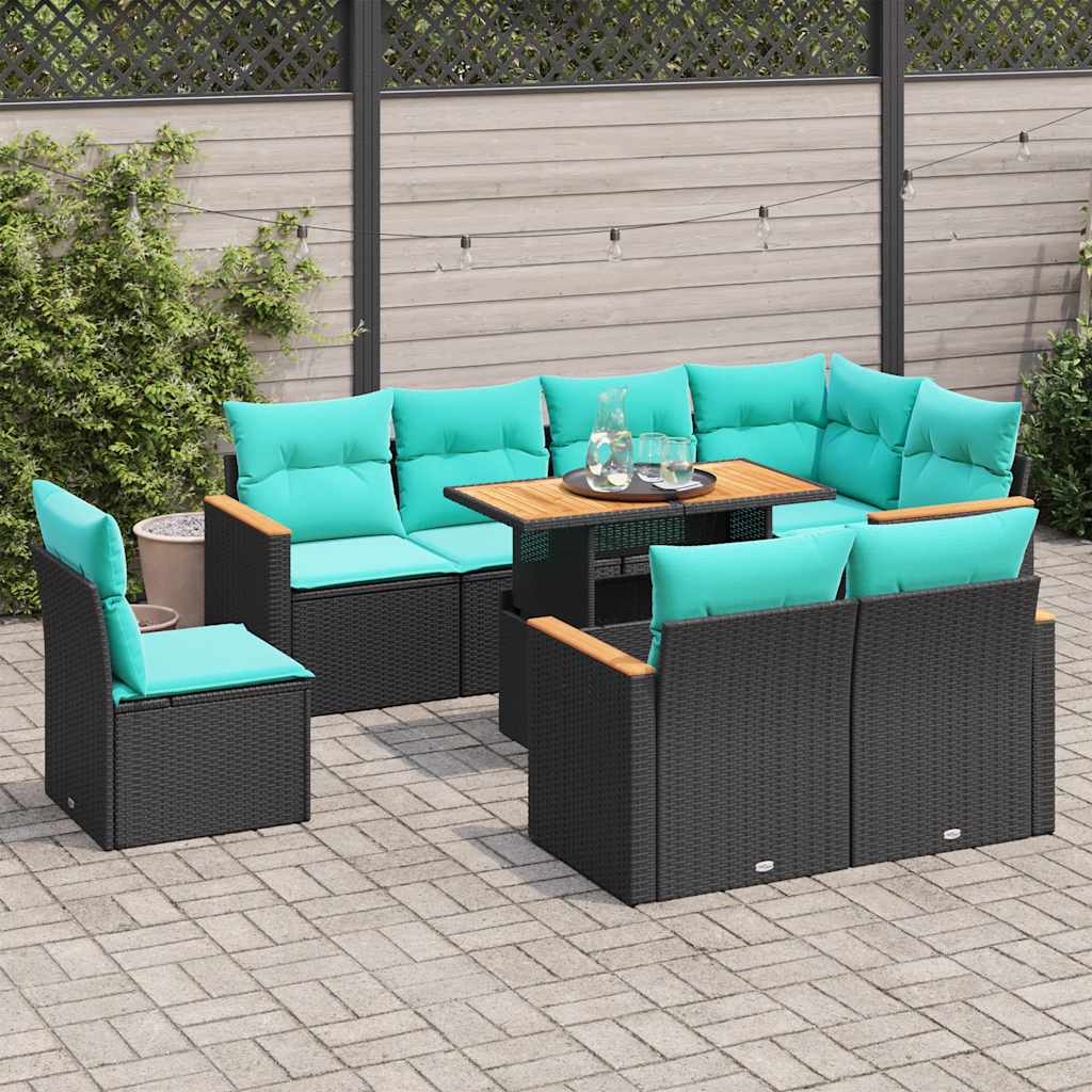 9 részes fekete polyrattan kerti ülőgarnitúra párnákkal