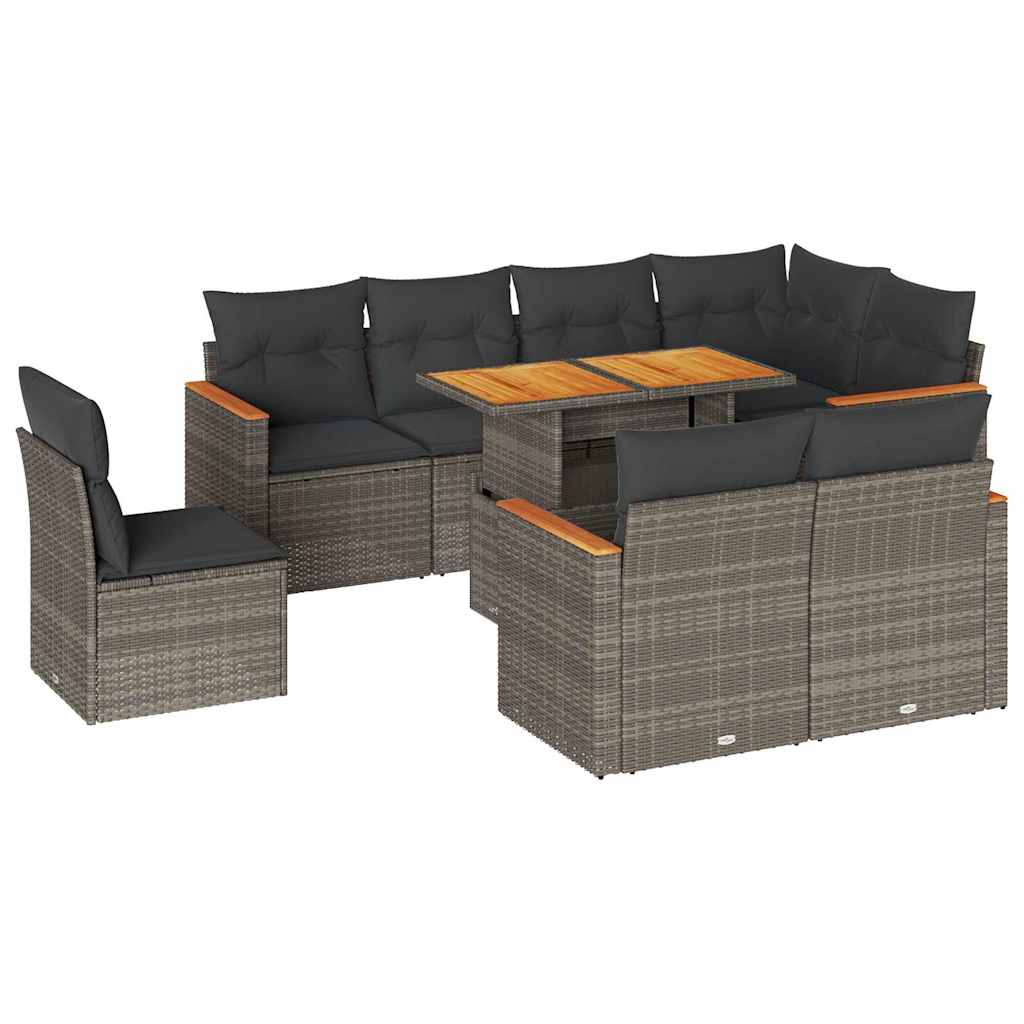 9 részes szürke polyrattan akácfa kerti ülőgarnitúra párnákkal