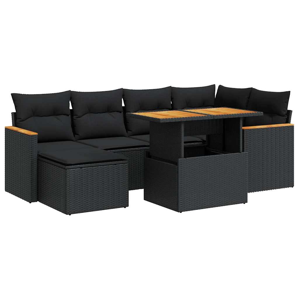 7 részes fekete polyrattan akácfa kerti ülőgarnitúra párnával