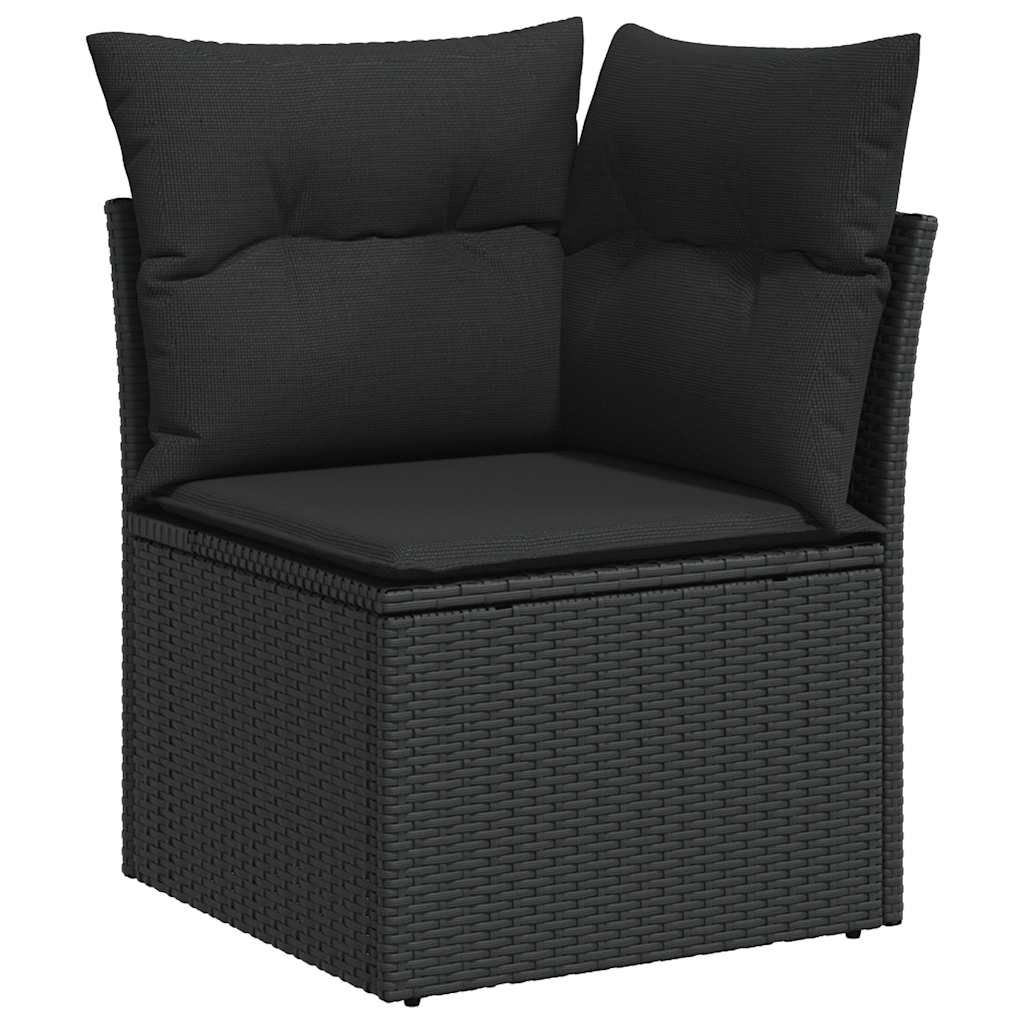 7 részes fekete polyrattan akácfa kerti ülőgarnitúra párnával