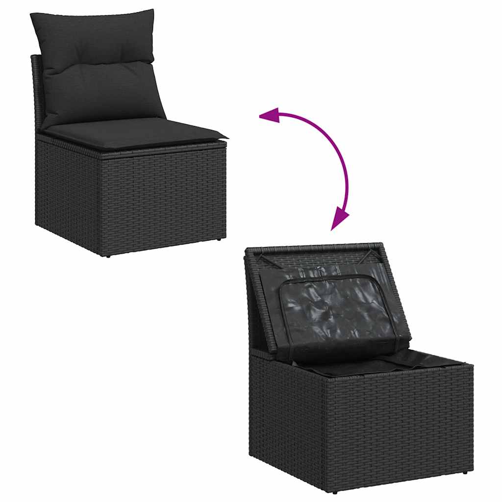 7 részes fekete polyrattan akácfa kerti ülőgarnitúra párnával