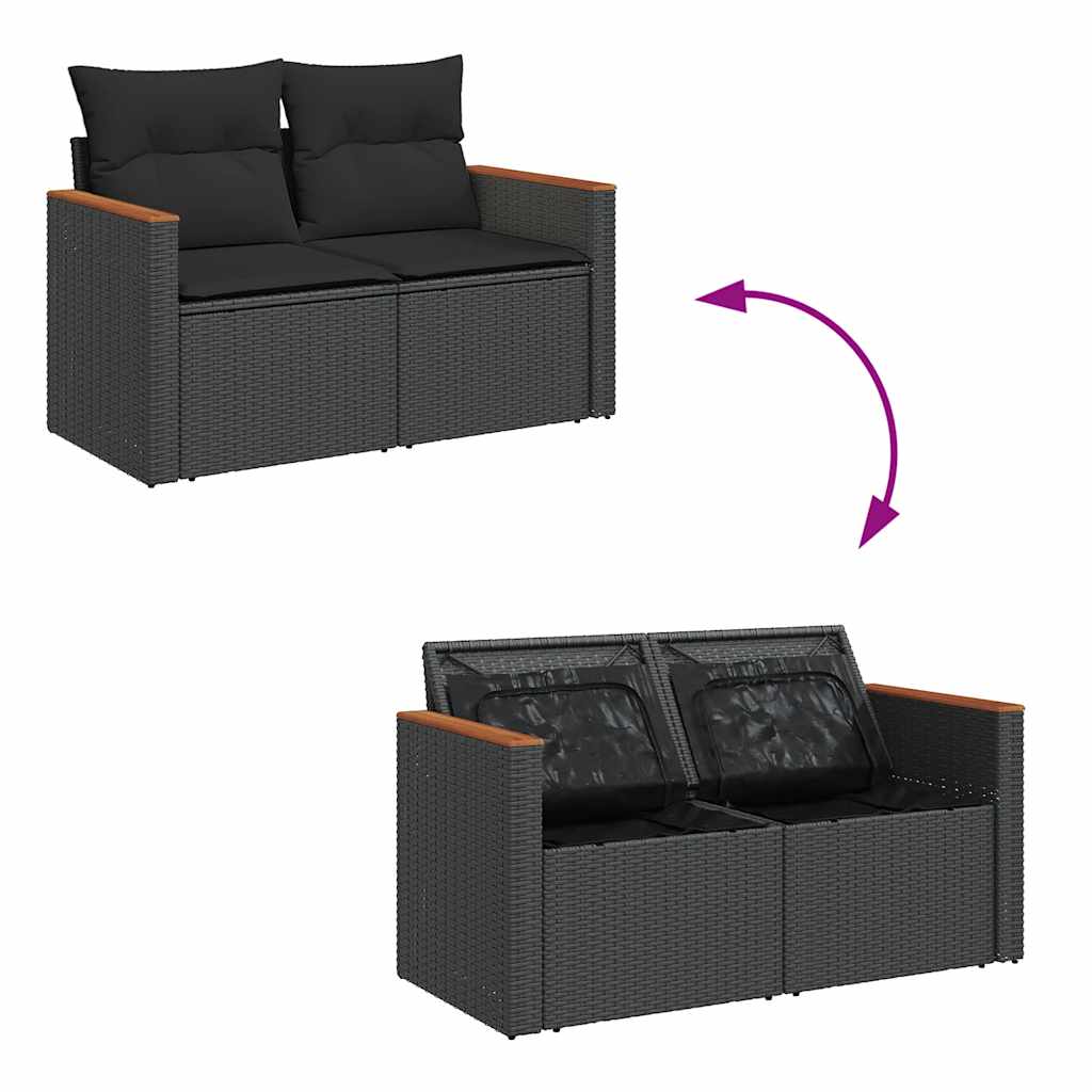 7 részes fekete polyrattan akácfa kerti ülőgarnitúra párnával