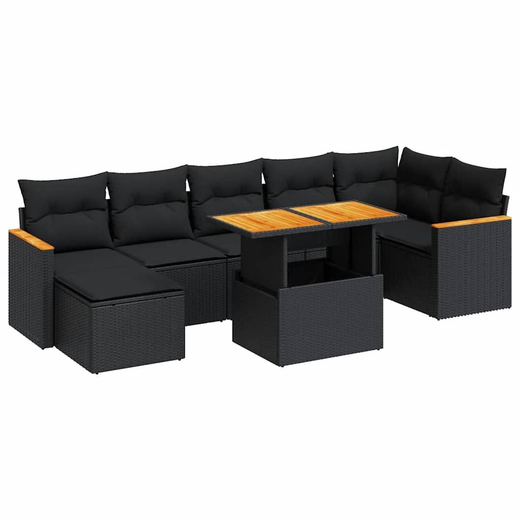 8 részes fekete polyrattan akácfa kerti ülőgarnitúra párnákkal