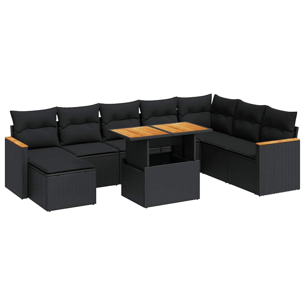 9 részes fekete polyrattan akácfa kerti ülőgarnitúra párnákkal