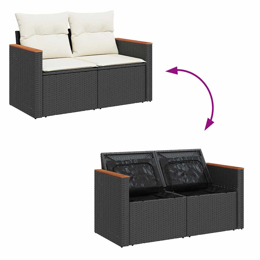 9 részes fekete polyrattan akácfa kerti ülőgarnitúra párnákkal