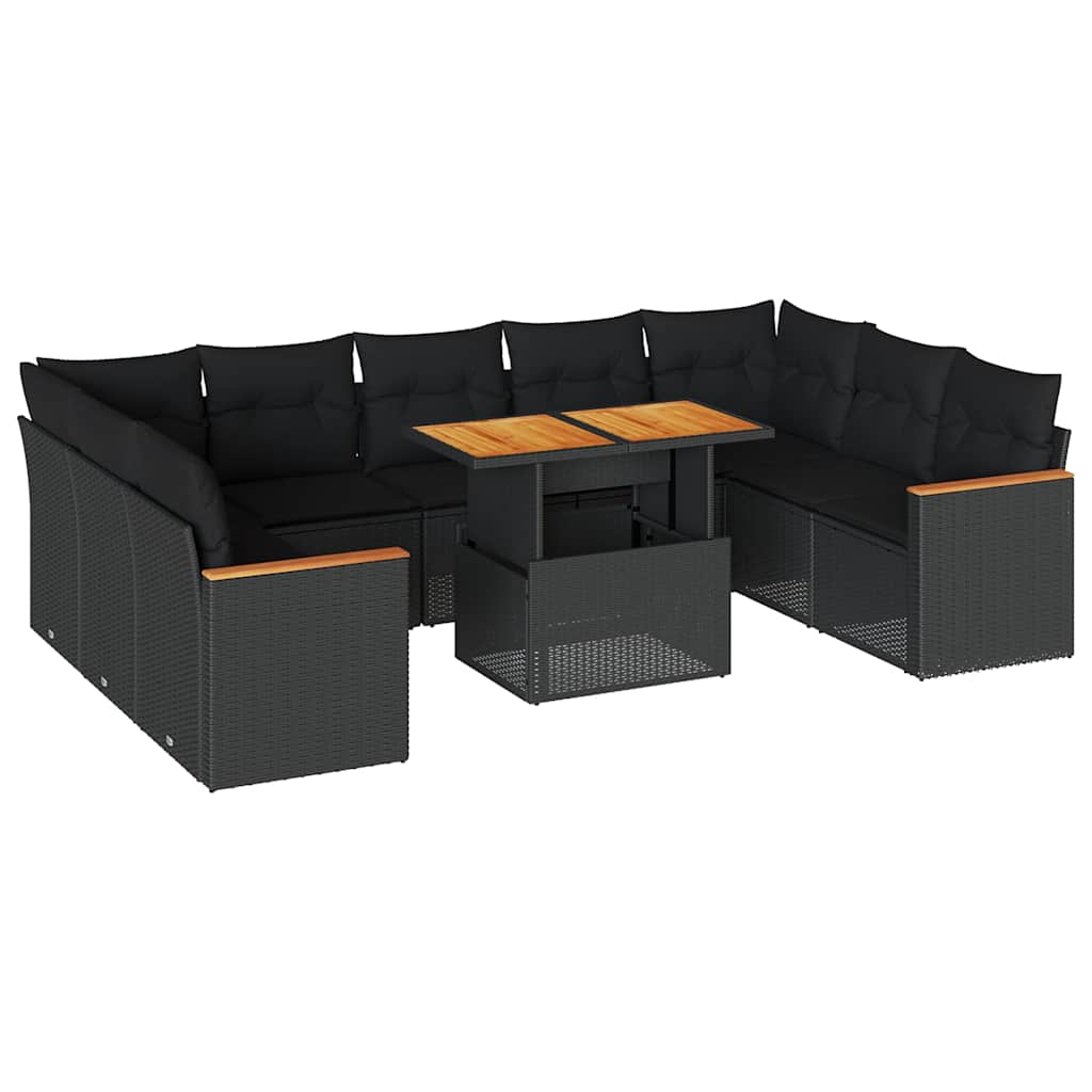 10 részes fekete polyrattan akácfa kerti ülőgarnitúra párnákkal