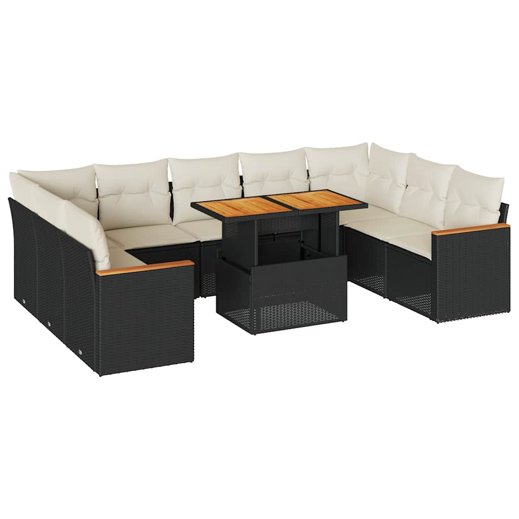 10 részes fekete polyrattan akácfa kerti ülőgarnitúra párnákkal