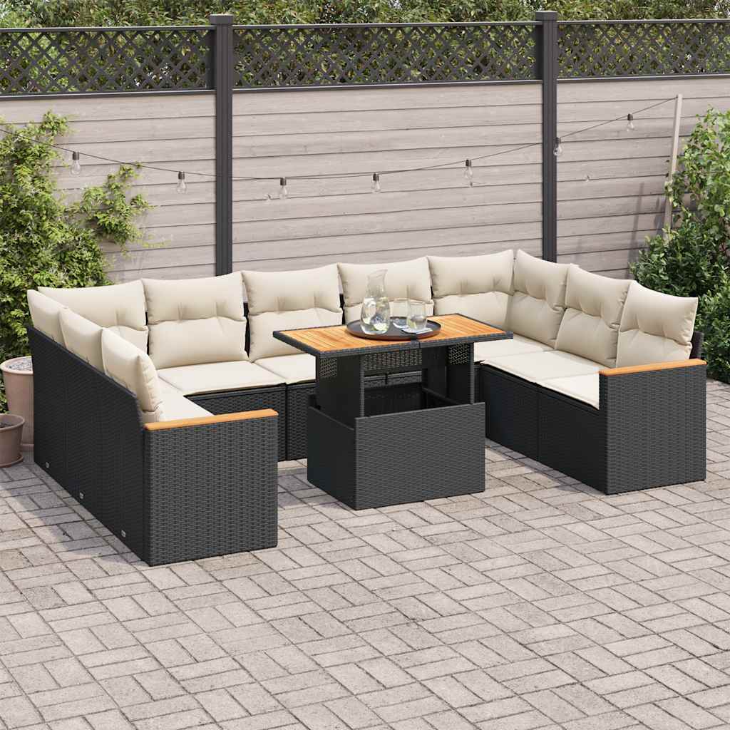 10 részes fekete polyrattan akácfa kerti ülőgarnitúra párnákkal