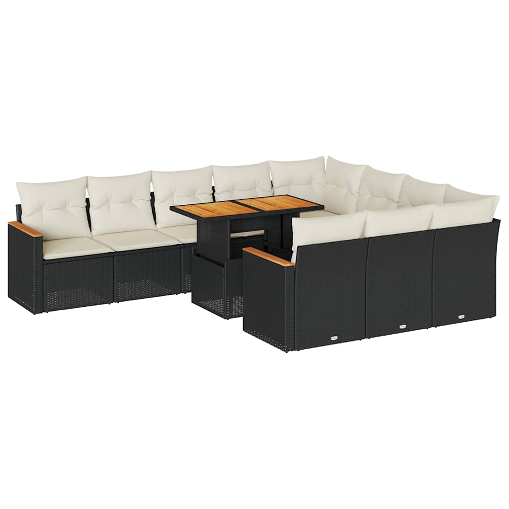 11 részes fekete polyrattan akácfa kerti ülőgarnitúra párnákkal