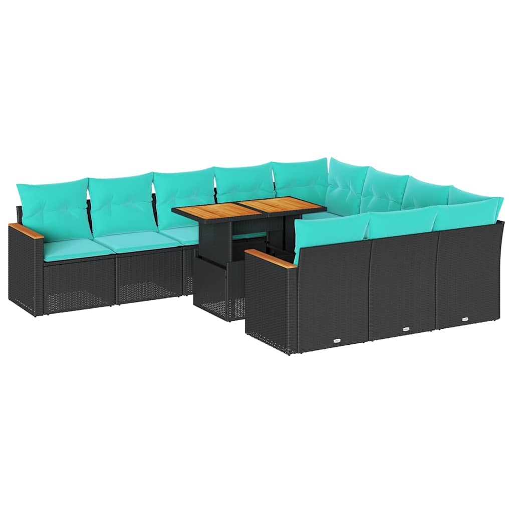 11 részes fekete polyrattan kerti ülőgarnitúra párnákkal